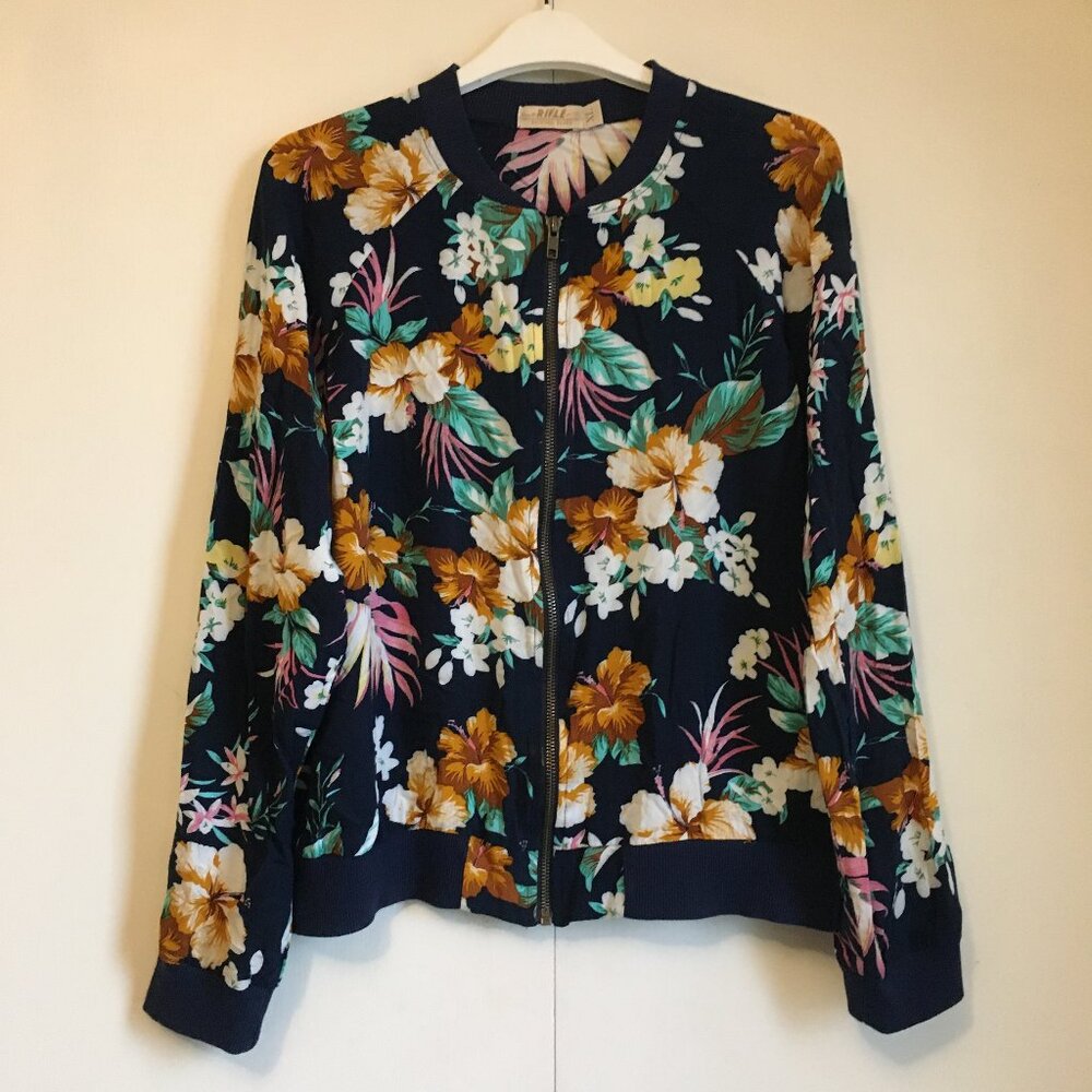 Vintage Italian Rifle Brand Navy Blue Botanical Floral Viscose Jacket XL